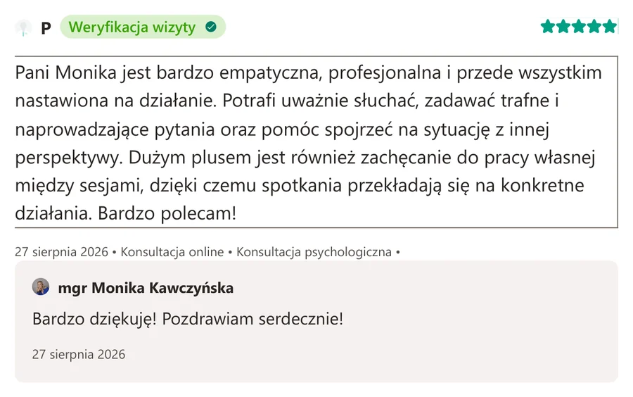 Opinia pacjenta z serwisu ZnanyLekarz.pl, 27 sierpnia 2026